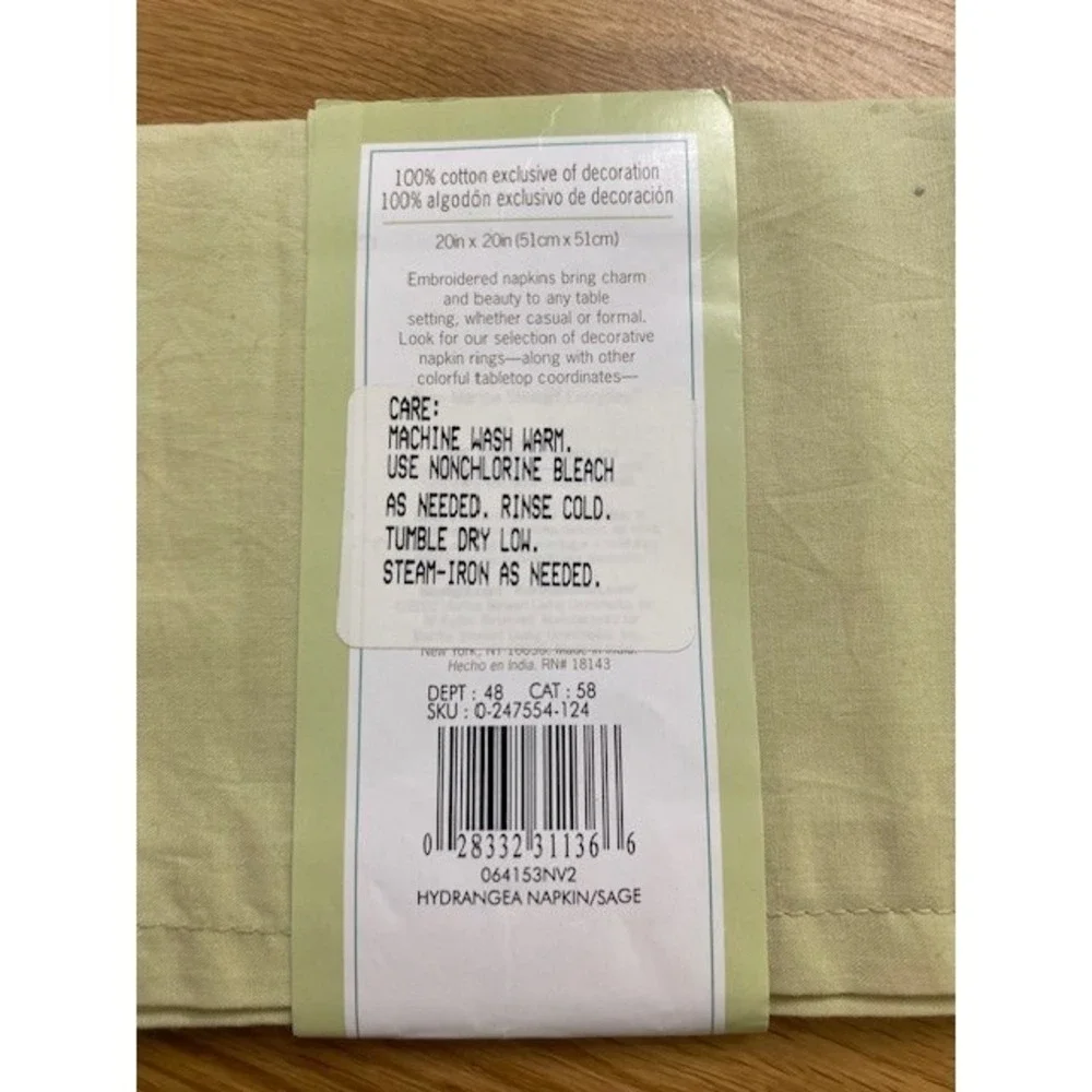 Martha Stewart Everyday Napkins 3 - 2pks 20x20 Sage New Floral Hydrangea Cotton
